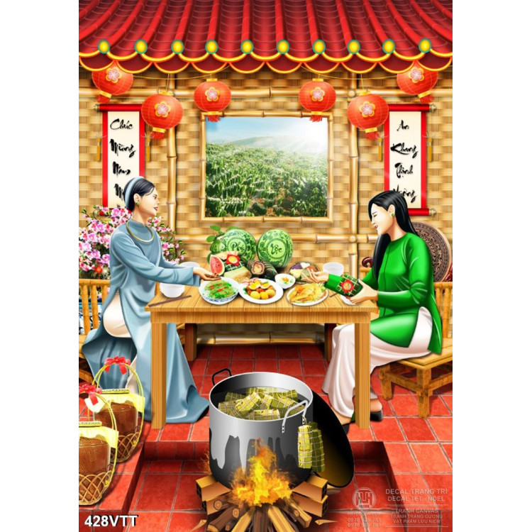 Bức tranh đề tài mâm ăn truyền thống ngày tết dân Việt Nam