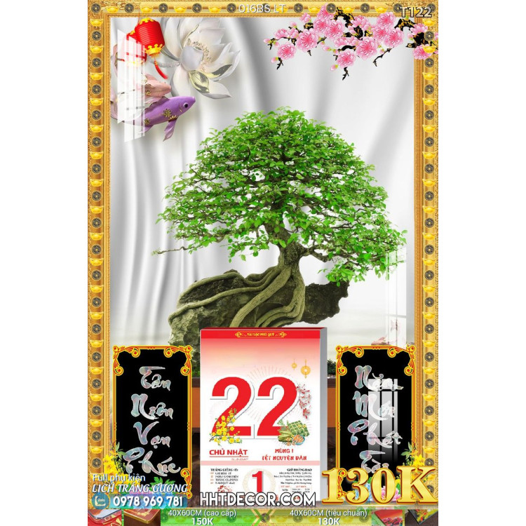 Lịch tết tranh bonsai, Mai Đào tết-016BS LT