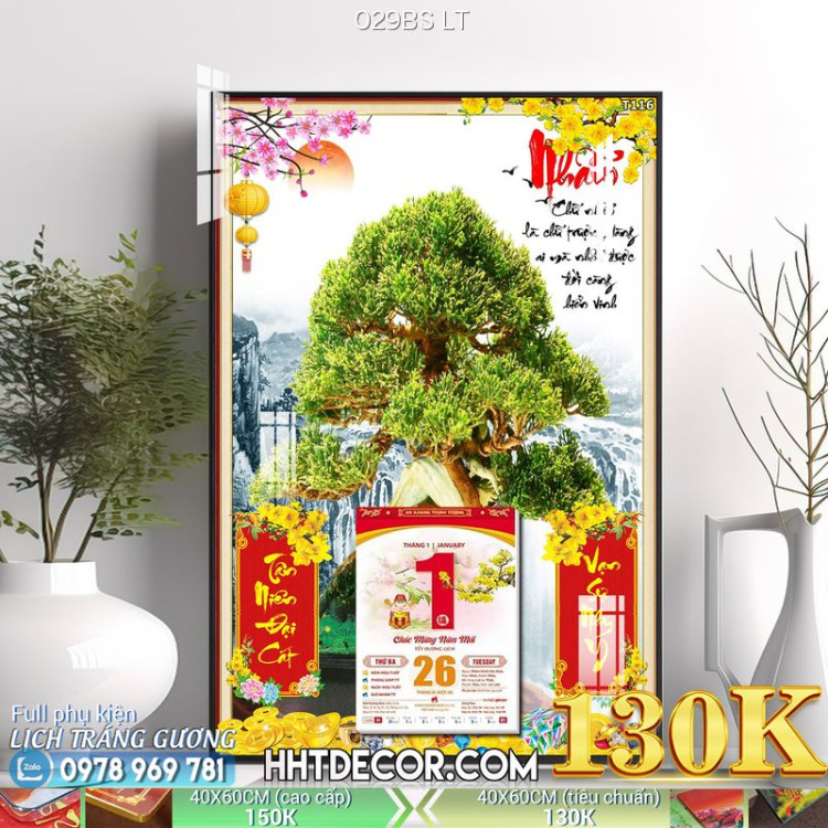 Lịch tết tranh bonsai, Mai Đào tết-029BS LT
