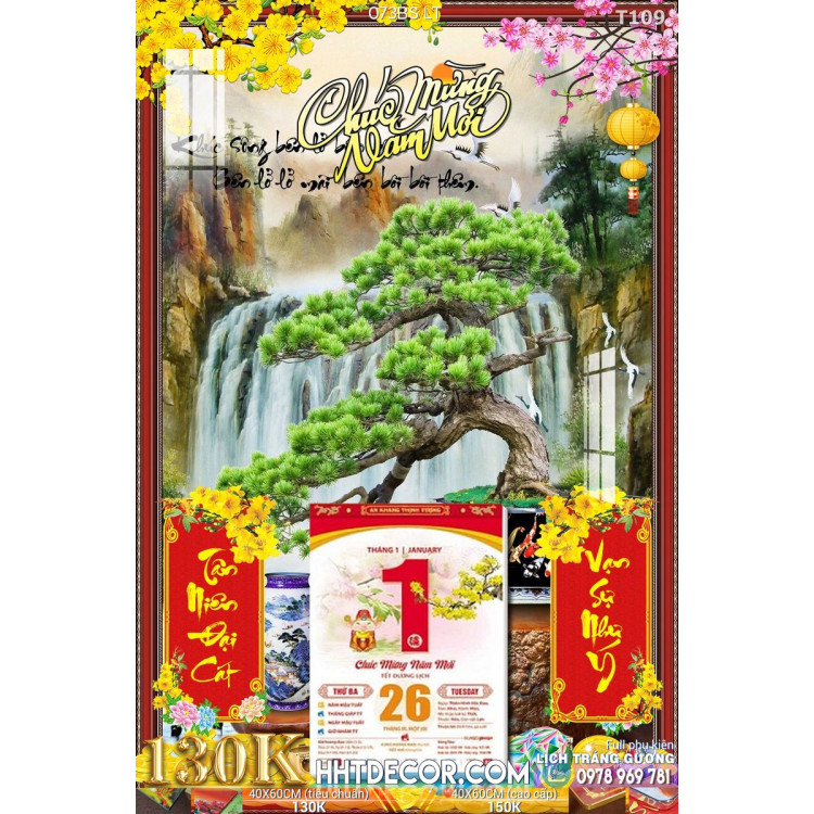 Lịch tết tranh bonsai, Mai Đào tết-073BS LT
