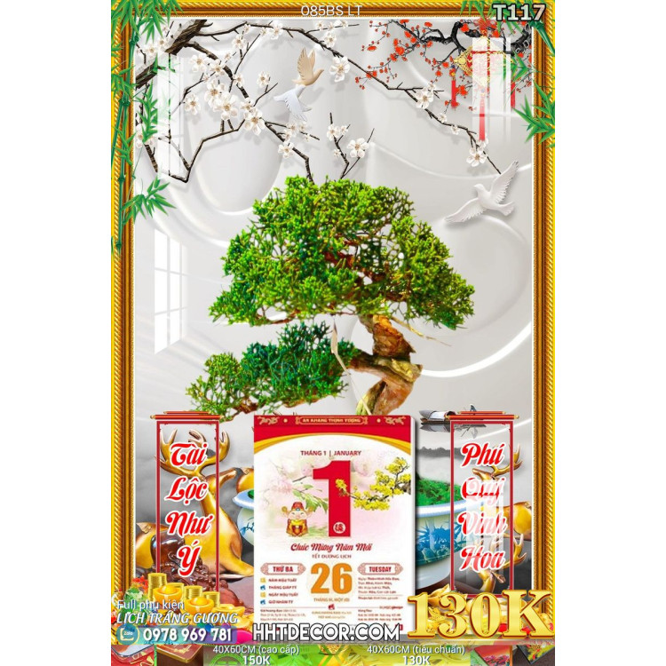 Lịch tết tranh bonsai, Mai Đào tết-085BS LT