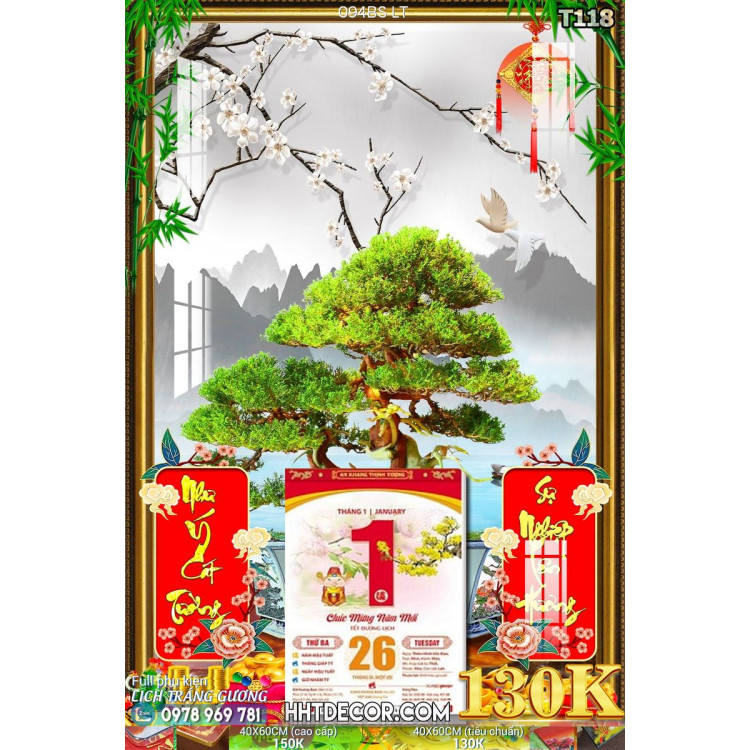 Lịch tết tranh bonsai, Mai Đào tết-094BS LT