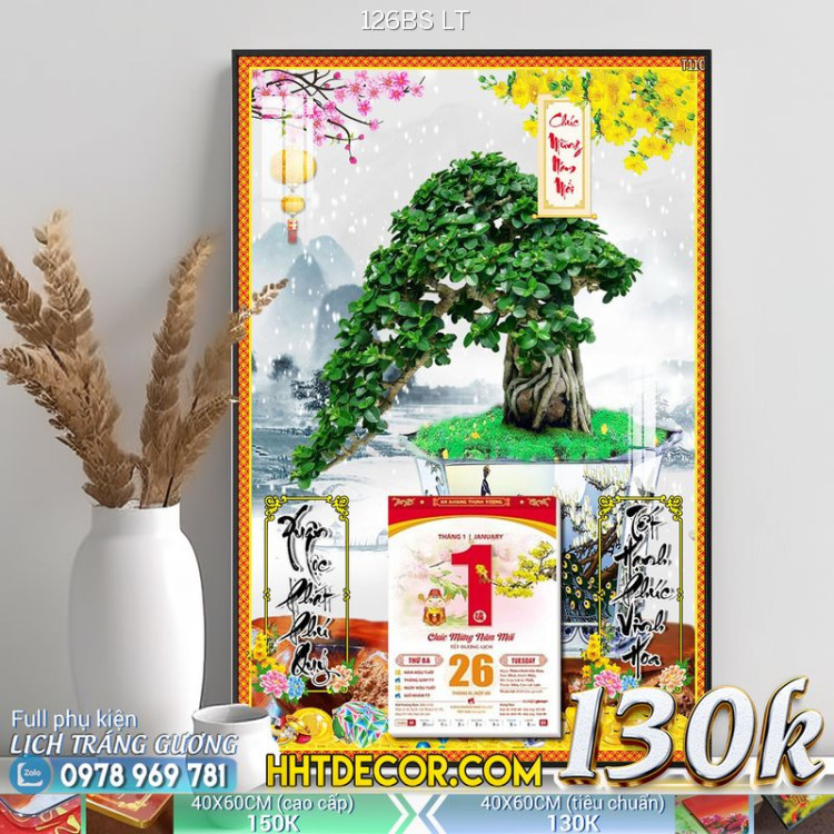 Lịch tết tranh bonsai, Mai Đào tết-126BS LT