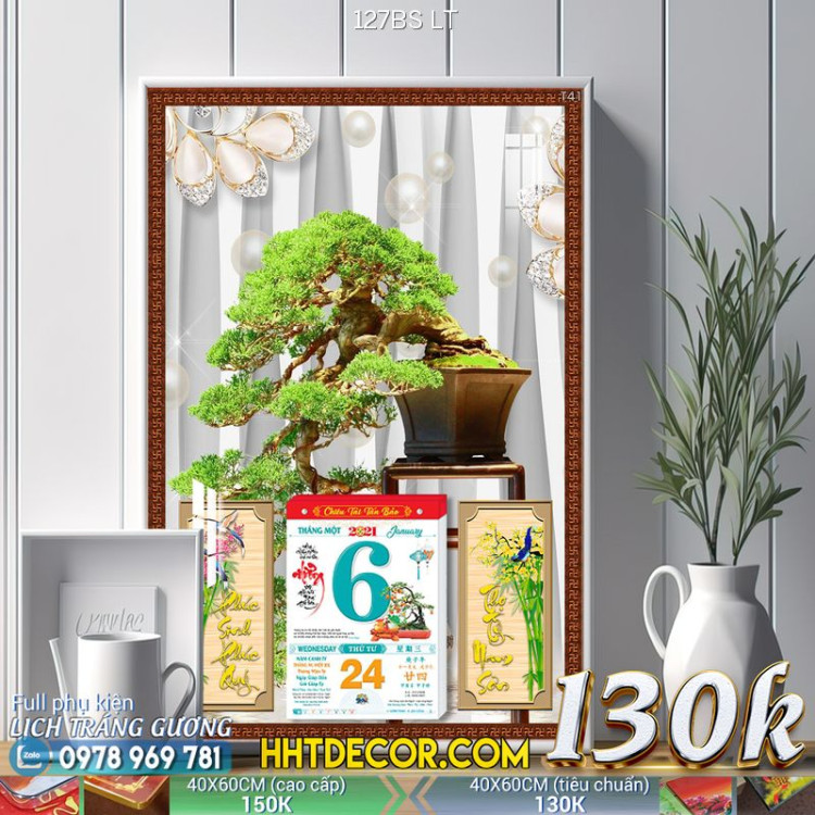 Lịch tết tranh bonsai, Mai Đào tết-127BS LT