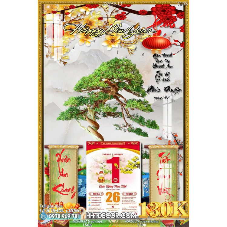 Lịch tết tranh bonsai, Mai Đào tết-129BS LT