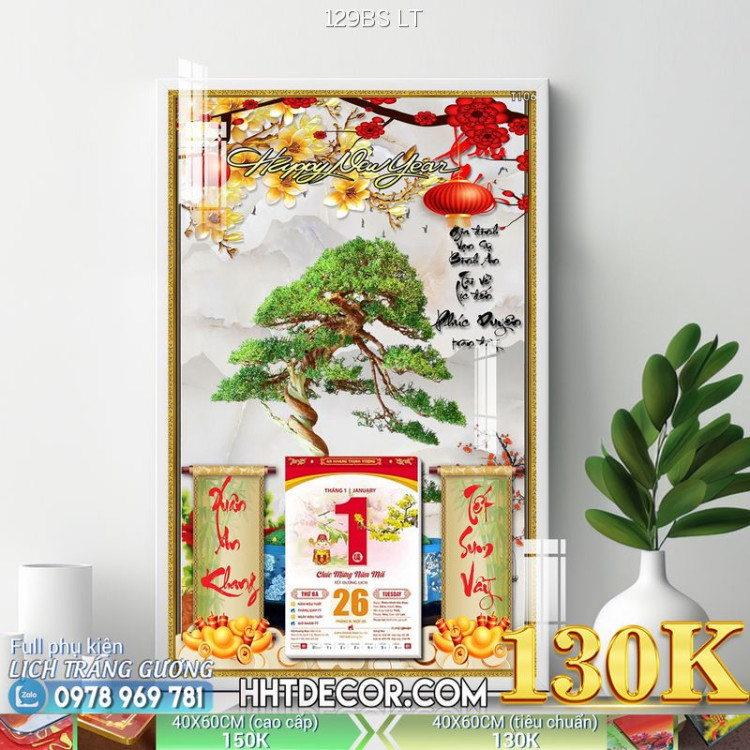 Lịch tết tranh bonsai, Mai Đào tết-129BS LT