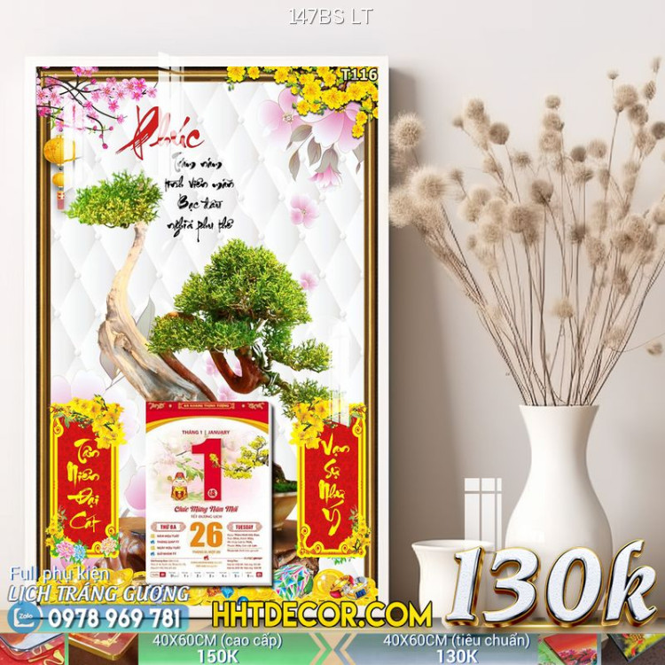 Lịch tết tranh bonsai, Mai Đào tết-147BS LT