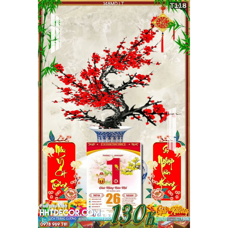 Lịch tết tranh bonsai, Mai Đào tết-148MD LT
