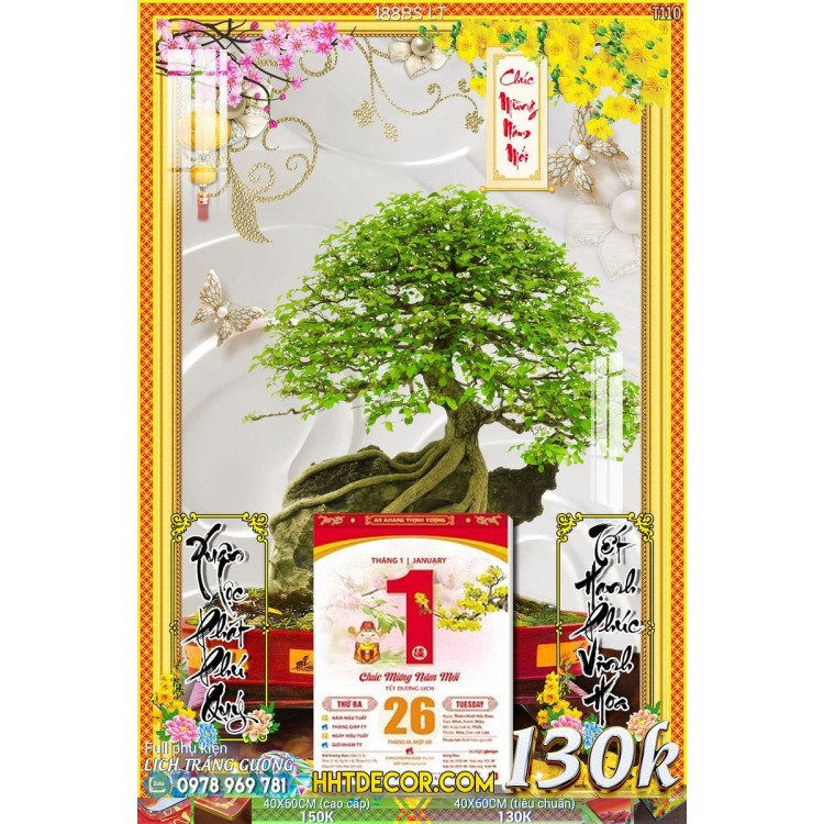 Lịch tết tranh bonsai, Mai Đào tết-188BS LT