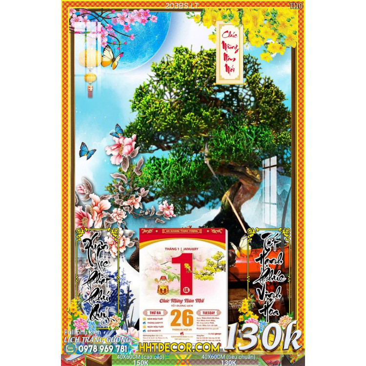Lịch tết tranh bonsai, Mai Đào tết-203BS LT