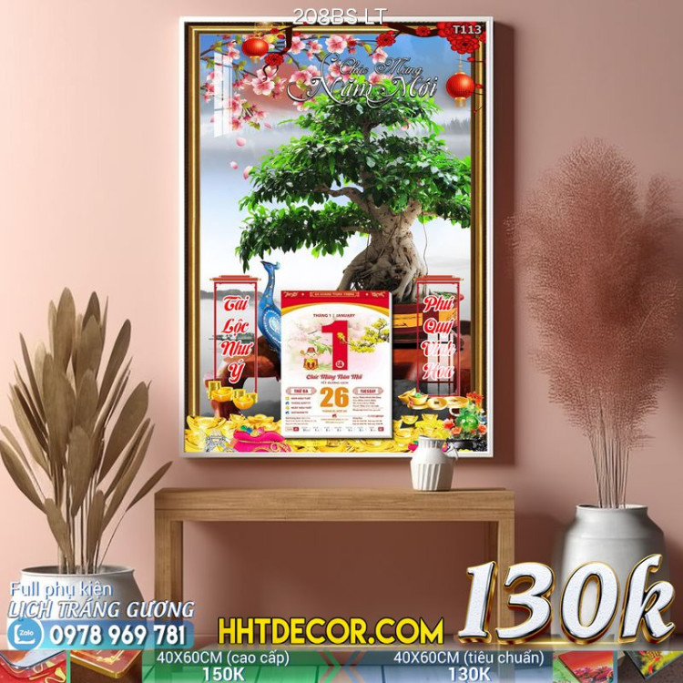 Lịch tết tranh bonsai, Mai Đào tết-208BS LT