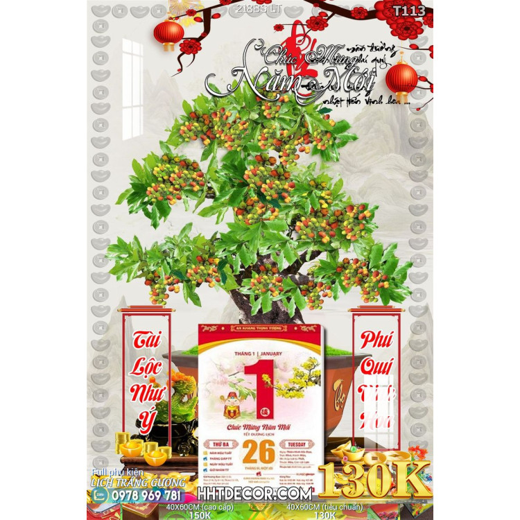 Lịch tết tranh bonsai, Mai Đào tết-218BS LT