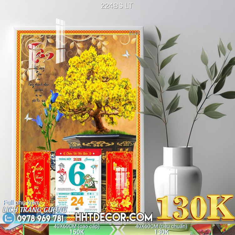 Lịch tết tranh bonsai, Mai Đào tết-224BS LT