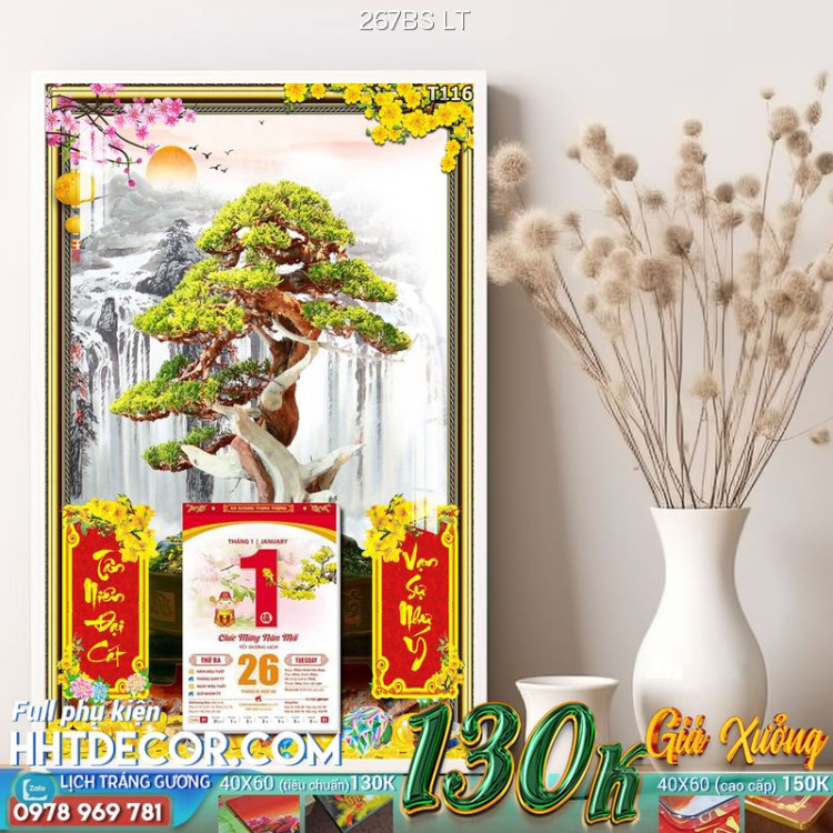 Lịch tết tranh bonsai, Mai Đào tết-267BS LT