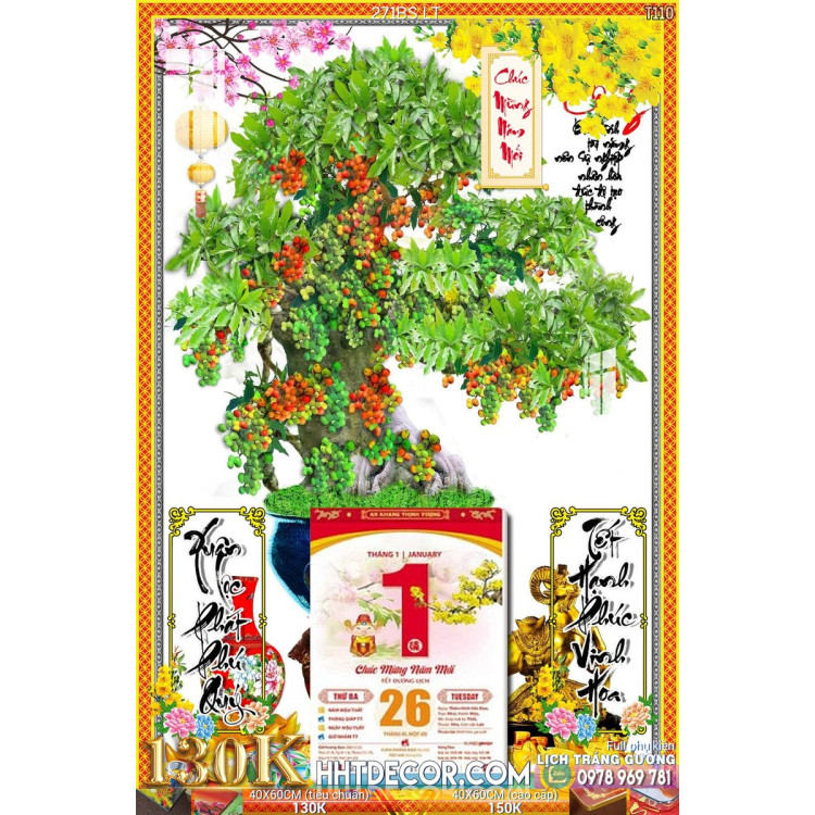 Lịch tết tranh bonsai, Mai Đào tết-271BS LT