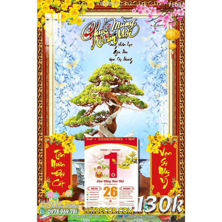 Lịch tết tranh bonsai, Mai Đào tết-308BS LT