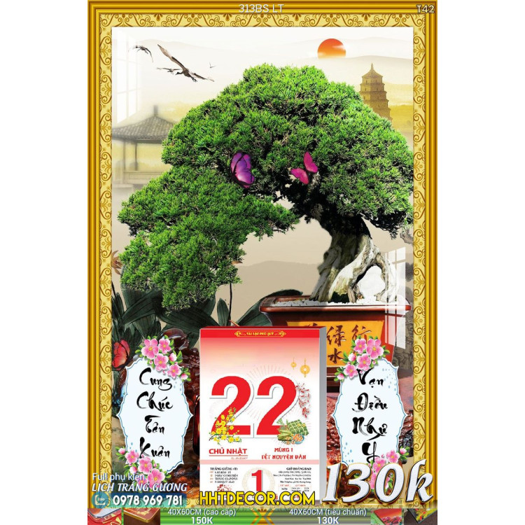 Lịch tết tranh bonsai, Mai Đào tết-313BS LT