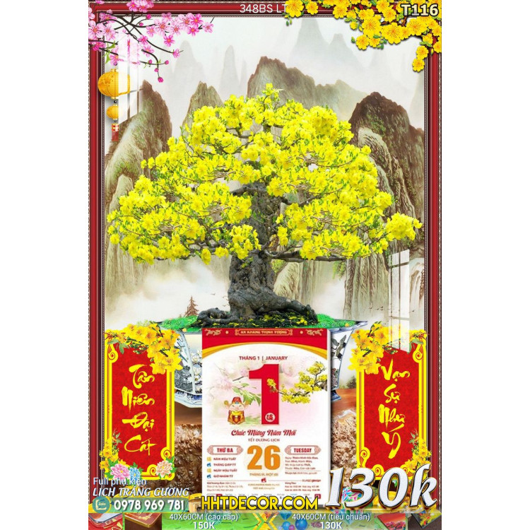 Lịch tết tranh bonsai, Mai Đào tết-348BS LT