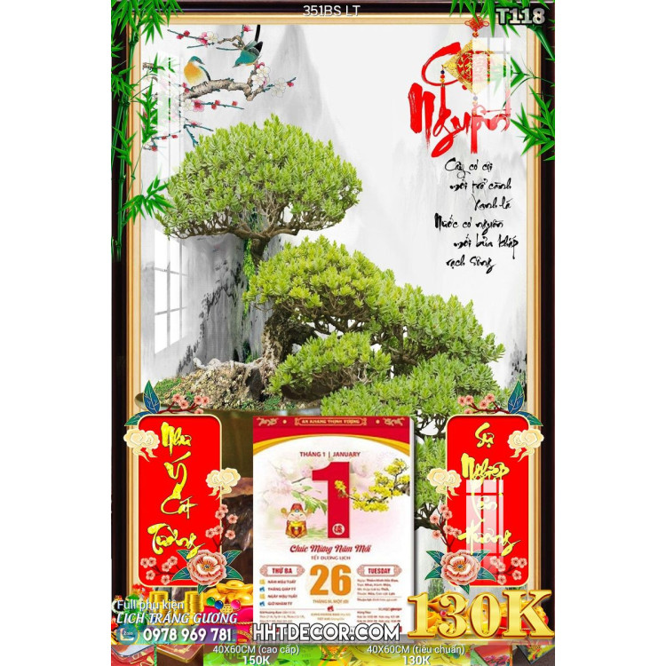 Lịch tết tranh bonsai, Mai Đào tết-351BS LT