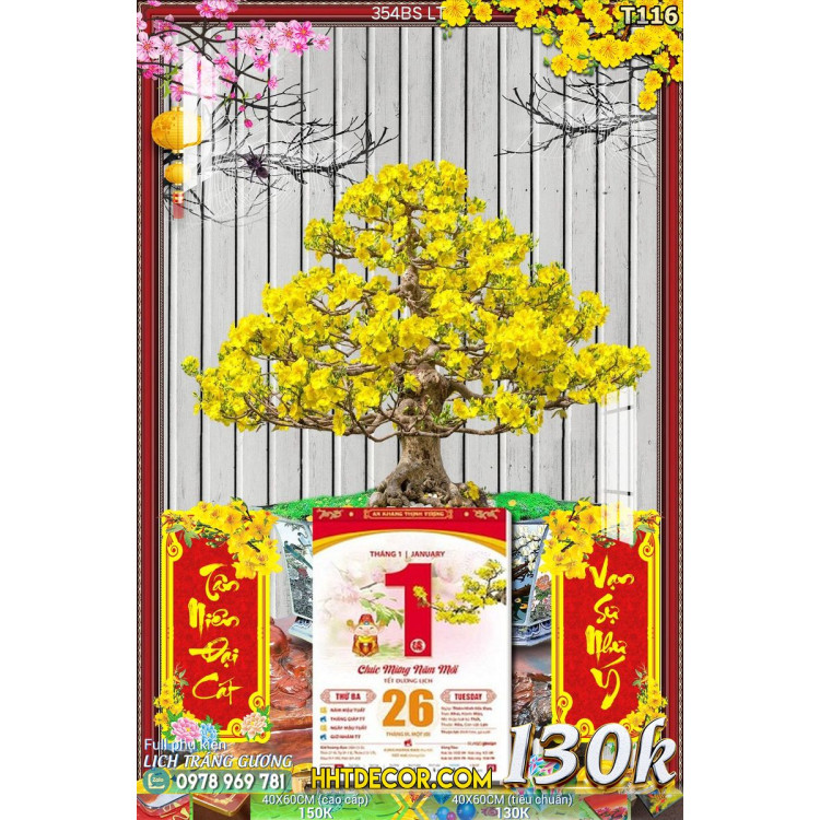 Lịch tết tranh bonsai, Mai Đào tết-354BS LT