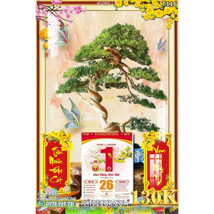 Lịch tết tranh bonsai, Mai Đào tết-402BS LT