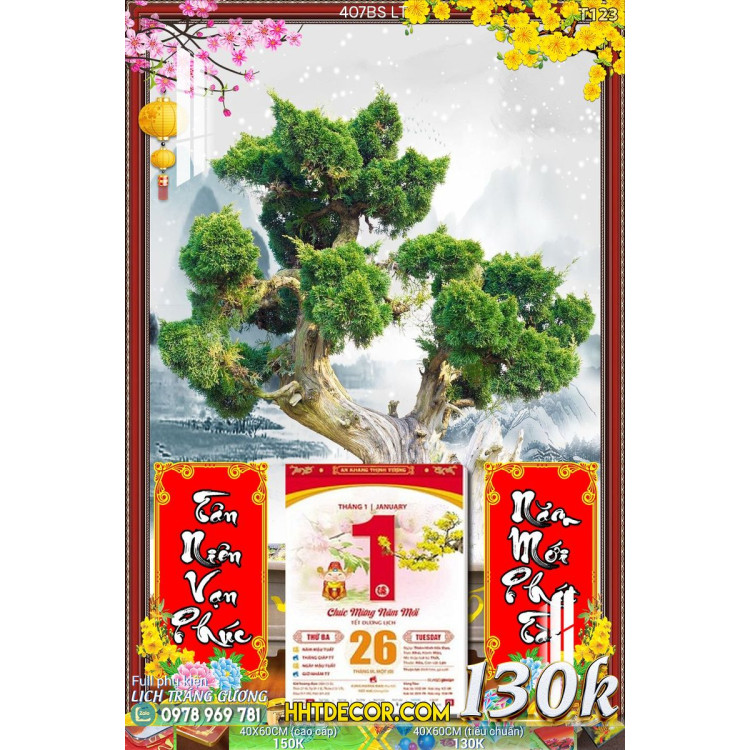 Lịch tết tranh bonsai, Mai Đào tết-407BS LT