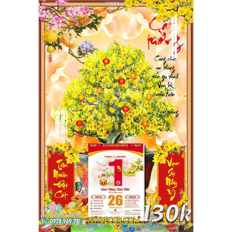 Lịch tết tranh bonsai, Mai Đào tết-428BS LT