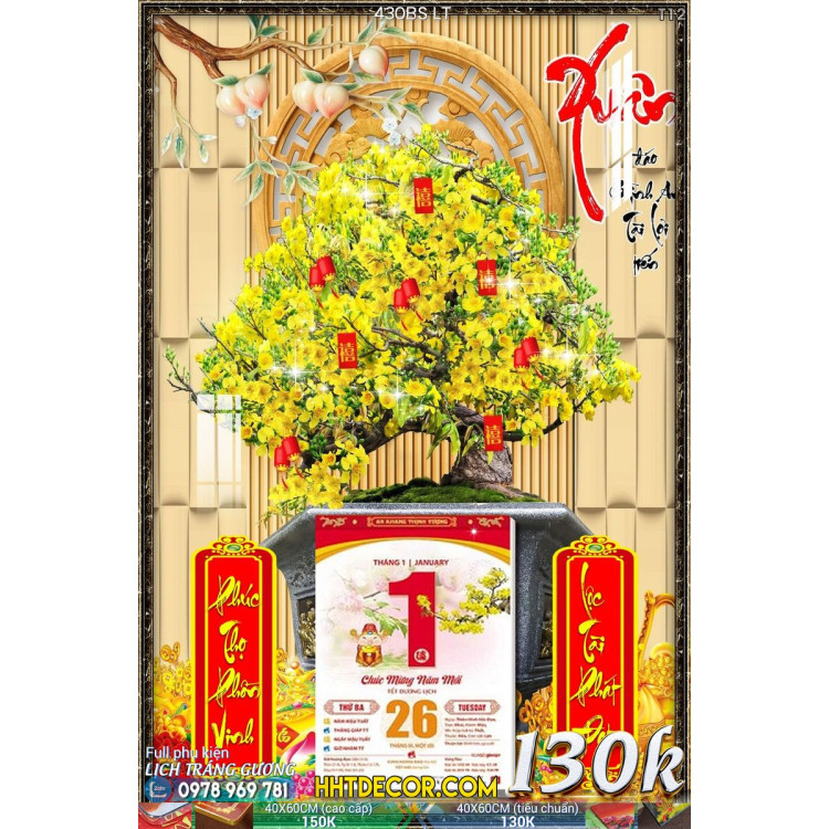 Lịch tết tranh bonsai, Mai Đào tết-430BS LT