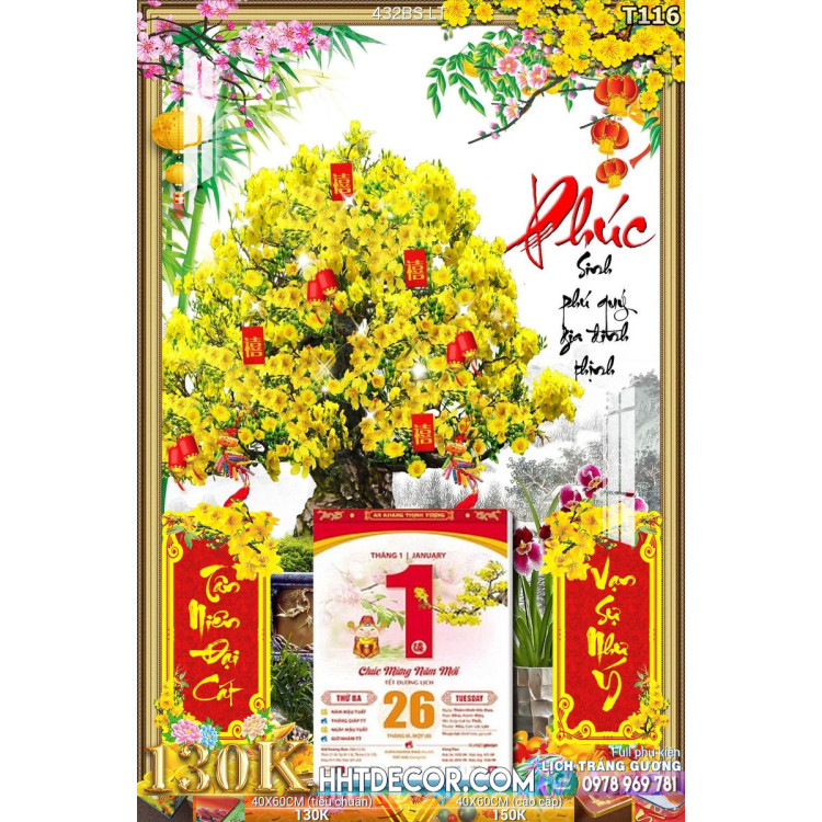 Lịch tết tranh bonsai, Mai Đào tết-432BS LT