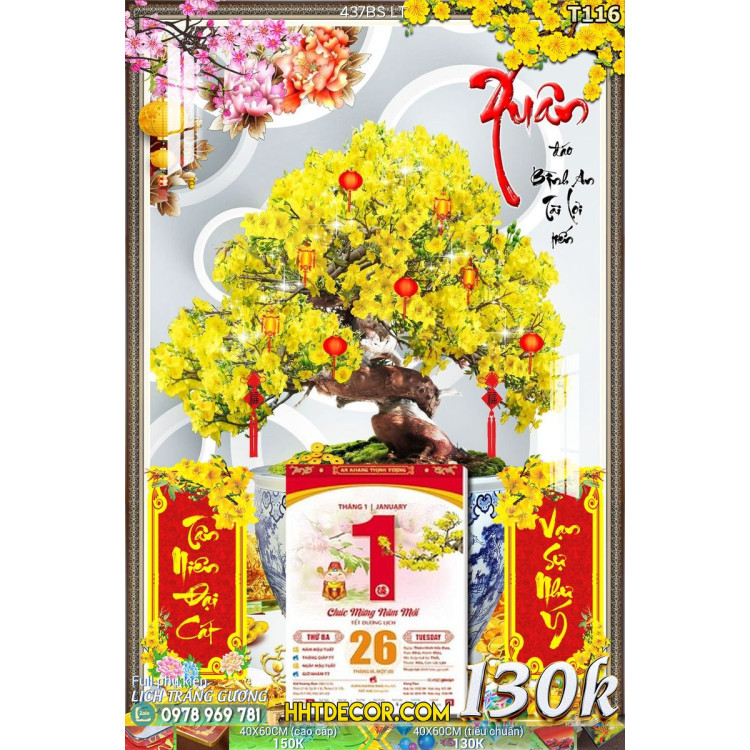 Lịch tết tranh bonsai, Mai Đào tết-437BS LT