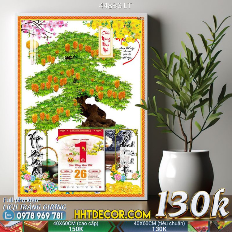 Lịch tết tranh bonsai, Mai Đào tết-448BS LT