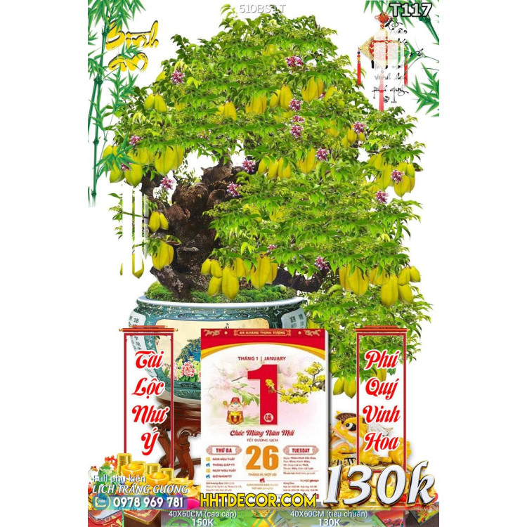 Lịch tết tranh bonsai, Mai Đào tết-510BS LT