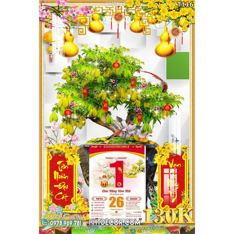 Lịch tết tranh bonsai, Mai Đào tết-514BS LT