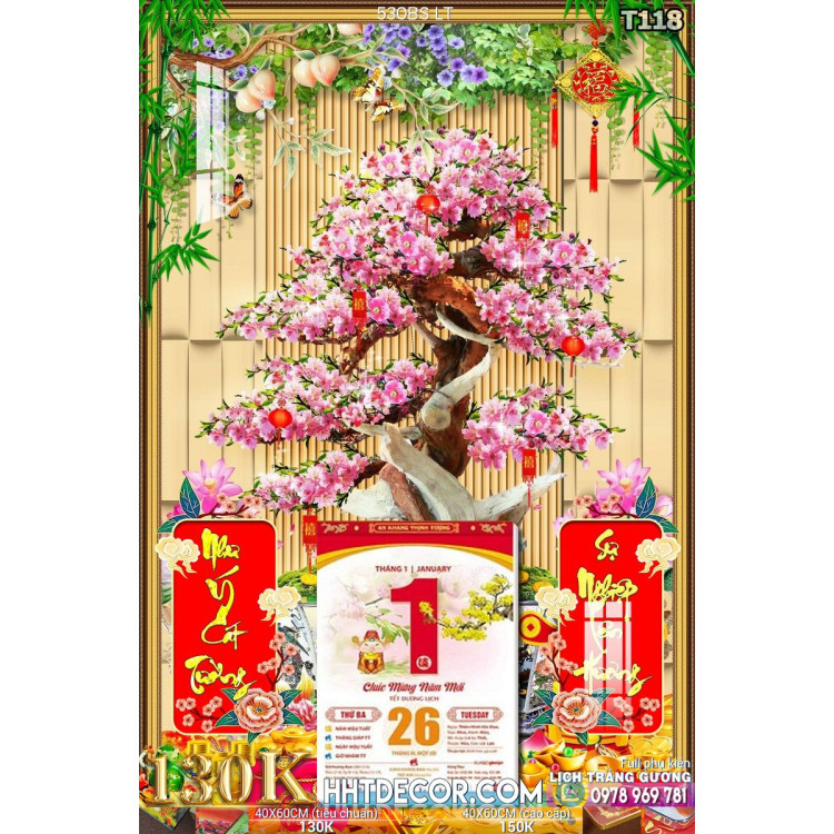 Lịch tết tranh bonsai, Mai Đào tết-530BS LT