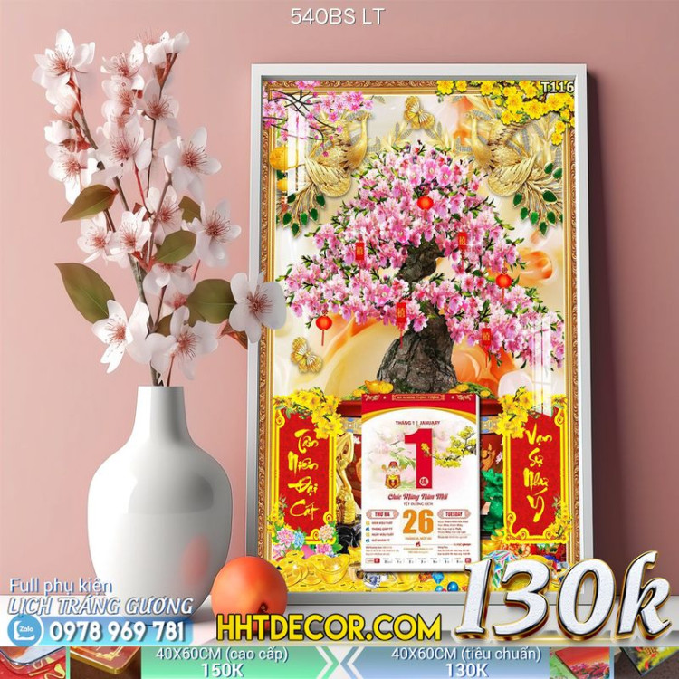 Lịch tết tranh bonsai, Mai Đào tết-540BS LT