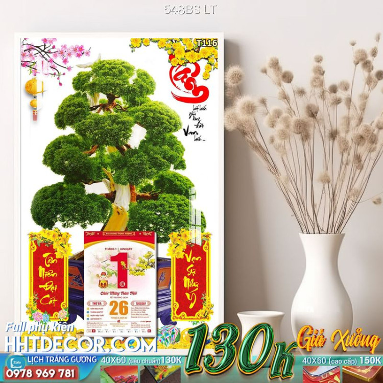 Lịch tết tranh bonsai, Mai Đào tết-548BS LT