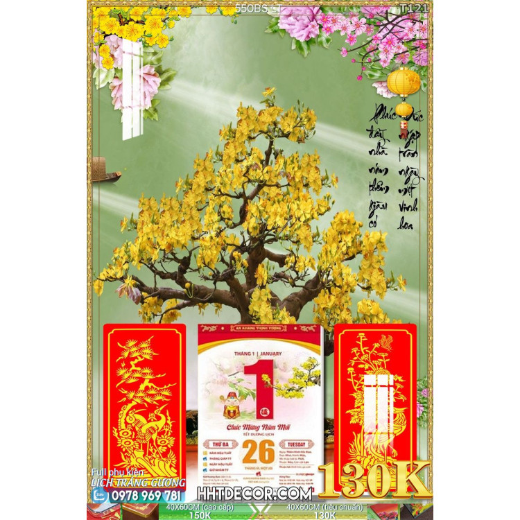 Lịch tết tranh bonsai, Mai Đào tết-550BS LT