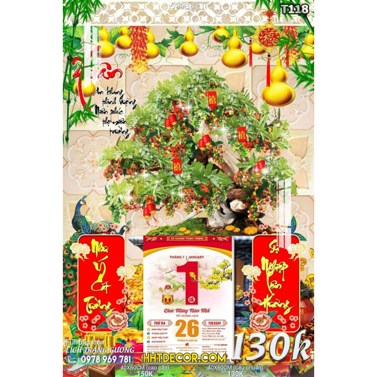 Lịch tết tranh bonsai, Mai Đào tết-599BS LT