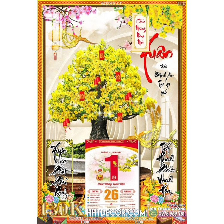 Lịch tết tranh bonsai, Mai Đào tết-602BS LT