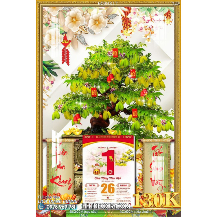 Lịch tết tranh bonsai, Mai Đào tết-603BS LT