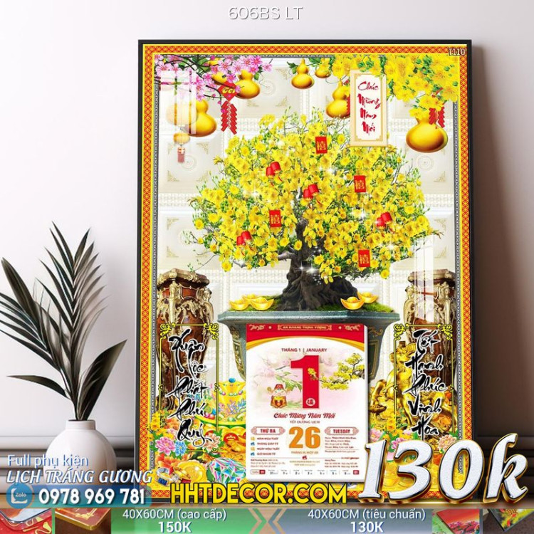 Lịch tết tranh bonsai, Mai Đào tết-606BS LT