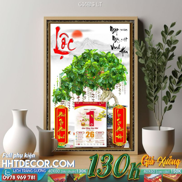 Lịch tết tranh bonsai, Mai Đào tết-614BS LT