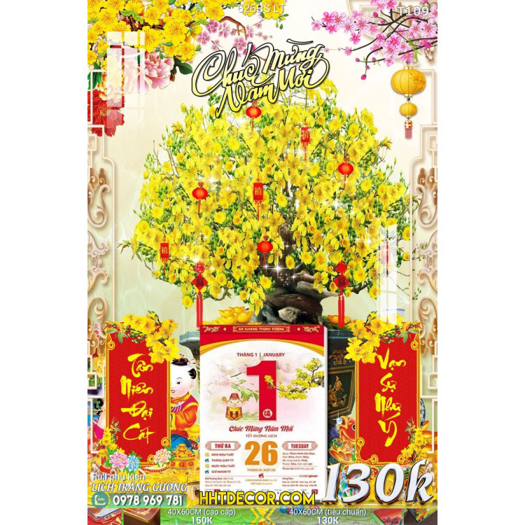 Lịch tết tranh bonsai, Mai Đào tết-626BS LT