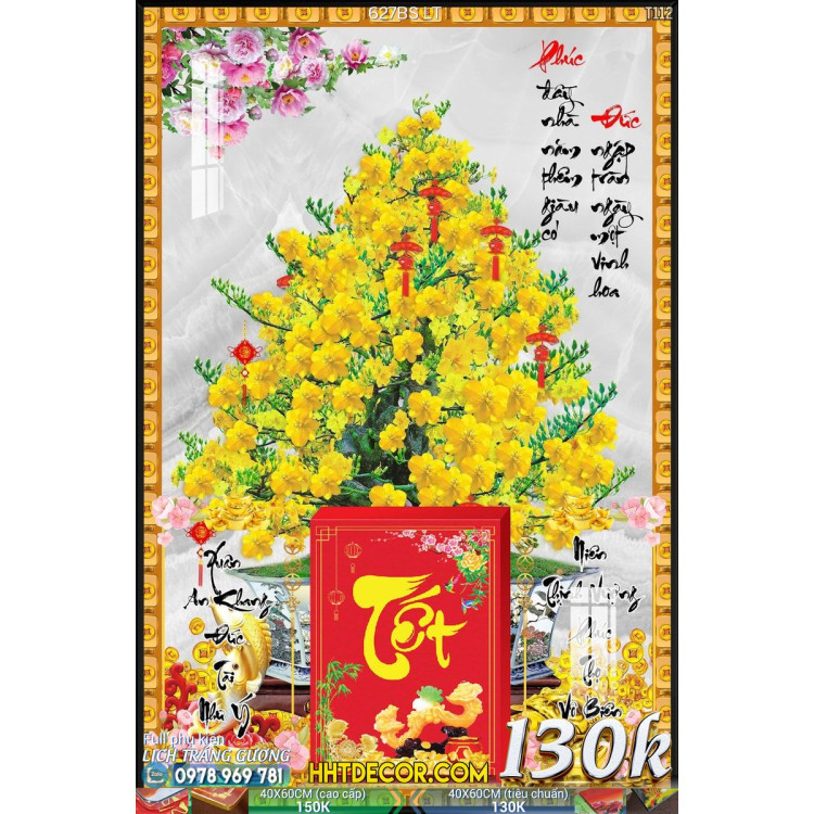 Lịch tết tranh bonsai, Mai Đào tết-627BS LT