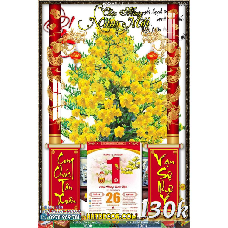 Lịch tết tranh bonsai, Mai Đào tết-632BS LT