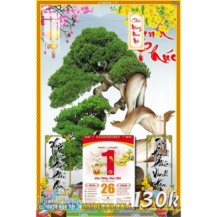 Lịch tết tranh bonsai, Mai Đào tết-635BS LT