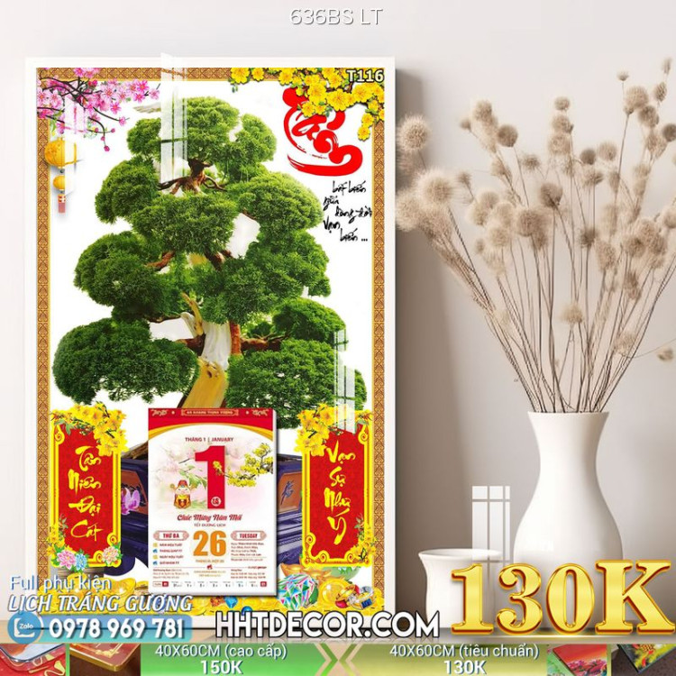 Lịch tết tranh bonsai, Mai Đào tết-636BS LT