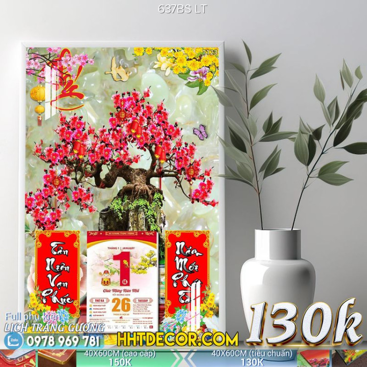Lịch tết tranh bonsai, Mai Đào tết-637BS LT