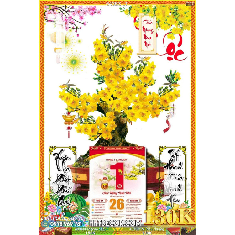 Lịch tết tranh bonsai, Mai Đào tết-643BS LT