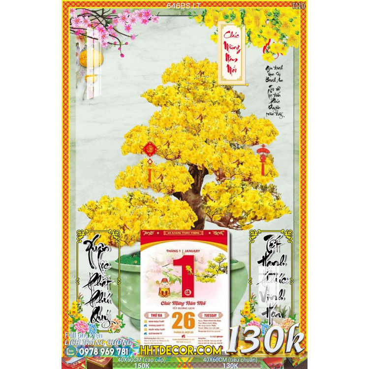 Lịch tết tranh bonsai, Mai Đào tết-646BS LT